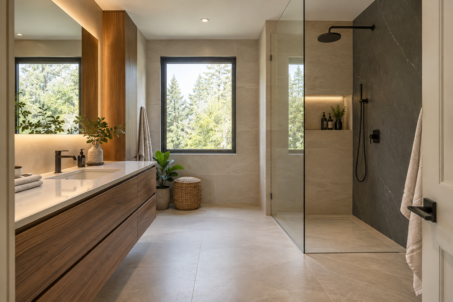Illustration : salle de bain contemporaine avec douche vitrée, bois chaleureux et éclairage architectural