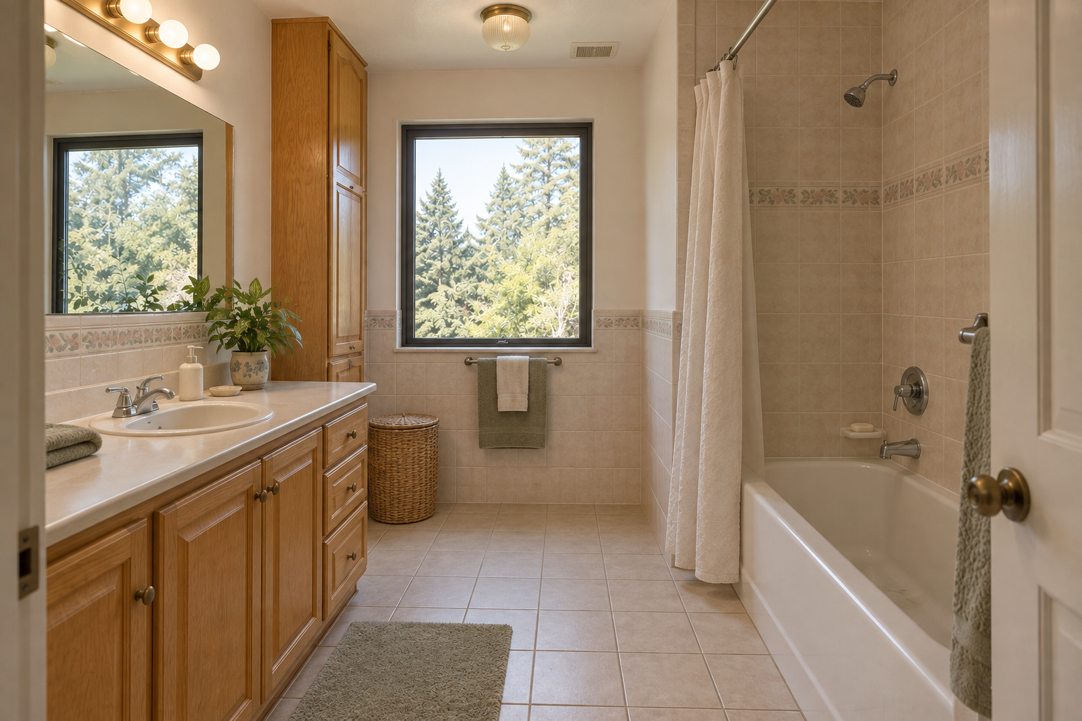 Illustration avant rénovation : salle de bain datée avec meuble en chêne et bain à rideau